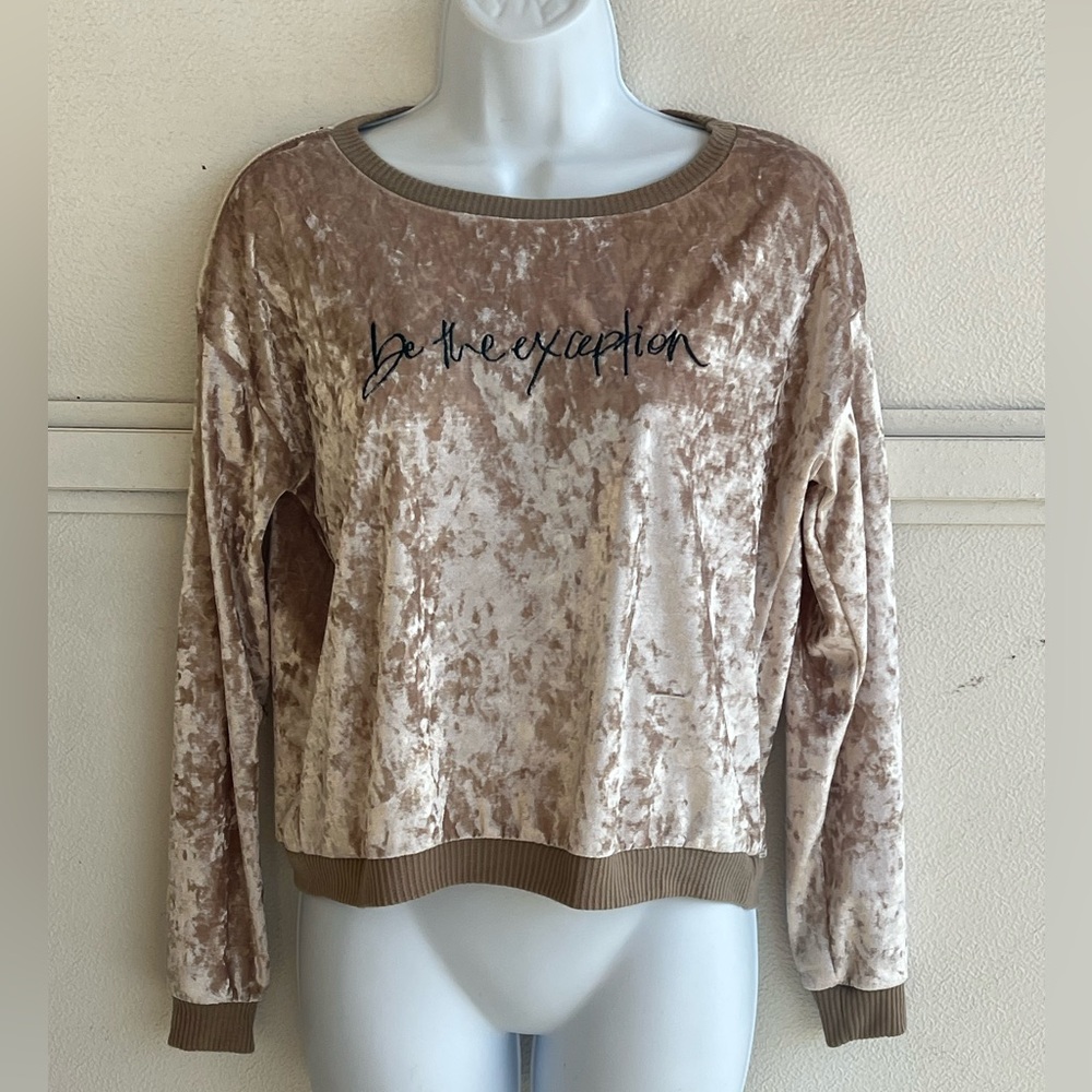 Wet Seal Crushed Velour Tan Crop Sweater “be the exception” Women’s Small